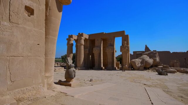 Ruins of Ramesseum mortuary temple with giant Ramesses II Osiride statues. It is located in the Theban necropolis in Upper Egypt, across the River Nile from the modern city of Luxor. Egypt.