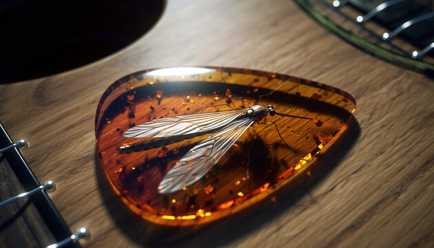 Cranefly Preserved in an Amber Guitar Pick on a Wooden Acoustic Guitar