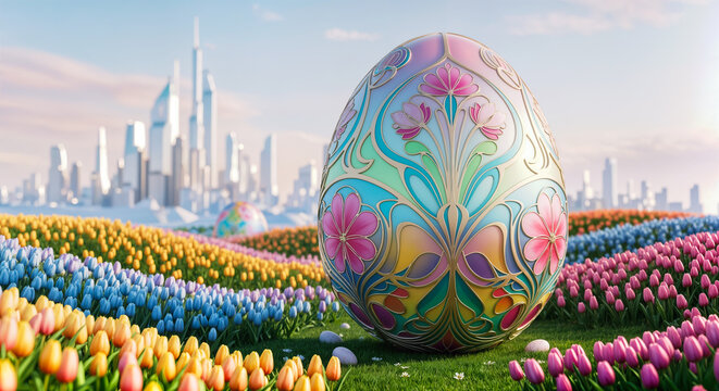 Osterei mit Blumenornamenten in buntem Tulpenfeld vor futuristischer Skyline
