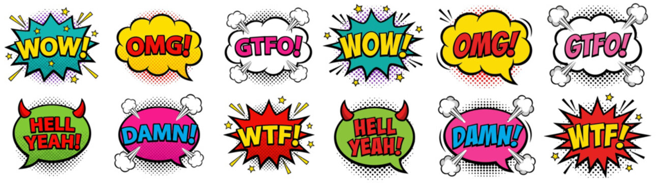 A collection of comic book style speech bubbles featuring exclamations like WOW OMG GTFO Hell Yeah Damn and WTF pop art retro vintage text message expression emotion communication