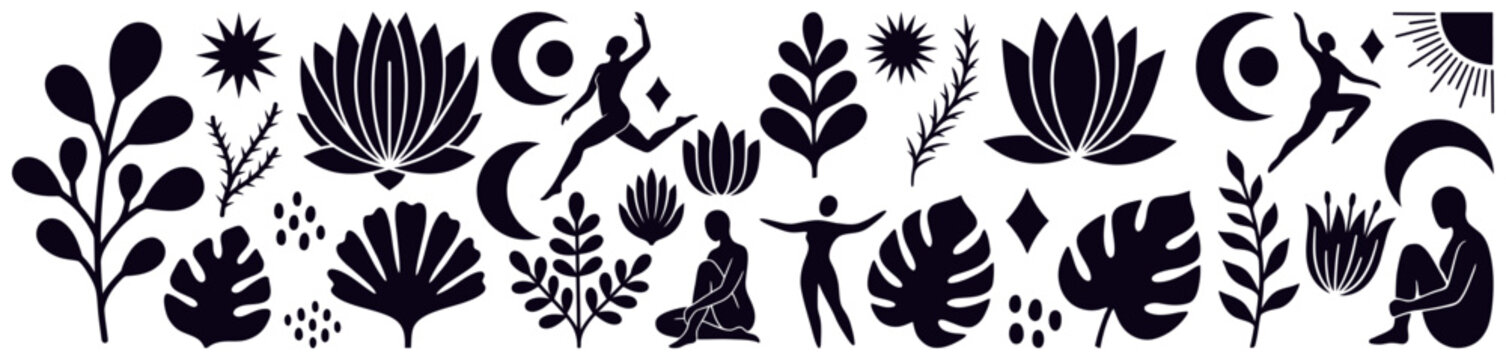 Collection of abstract black silhouettes featuring botanical elements celestial symbols and graceful human figures in dynamic poses lotus moon sun dance yoga nature plant