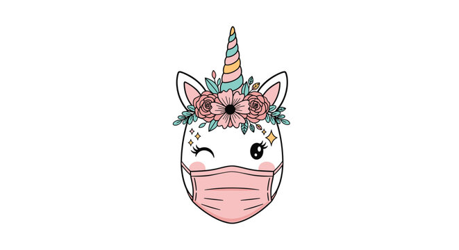 Cute unicorn head wearing a floral crown and a pink protective face mask on a plain white background for safety.