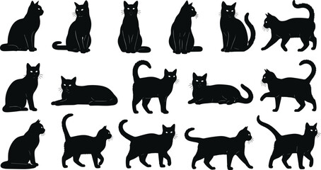 Cat silhouettes set feline pet poses minimal black white cad drawing flat vector illustration design isolated kitten collection animal concept © Mst