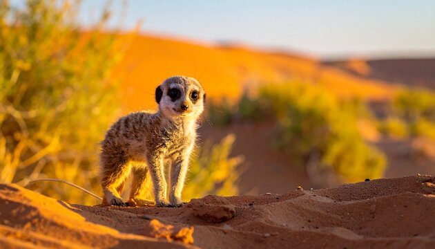 Meerkat on Alert in the Kalahari Desert at Sunset.