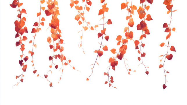 Orange and burgundy autumn vines with minimal falling leaves on white background
