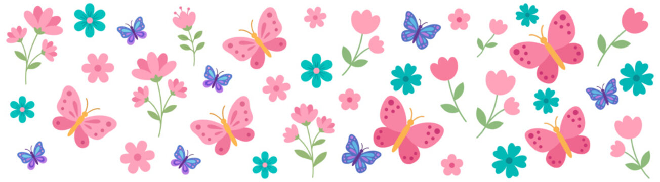 Delicate pink and blue butterflies flutter among blooming pink and teal flowers creating a whimsical springtime floral pattern butterfly nature insect invertebrate animal
