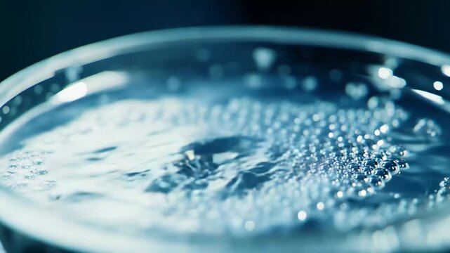 Clear water pouring into a transparent glass, creating lively bubbles and a crisp splash that conveys purity, refreshment, hydration, and invigorating motion