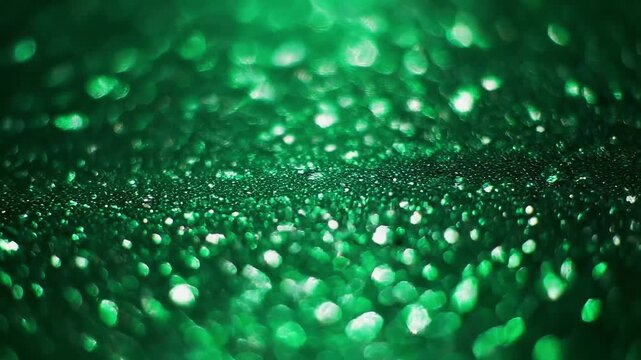 Close-up macro of green glitter with soft bokeh highlights, creating a sparkling abstract texture and festive mood. Shallow depth of field emphasizes shimmering light and rich emerald color.