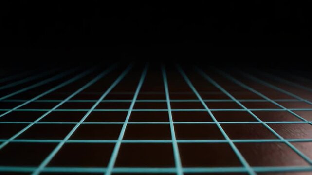 Blue neon grid lines form a retro futuristic wireframe horizon on a dark background, creating an abstract virtual landscape with glowing perspective and cybernetic depth