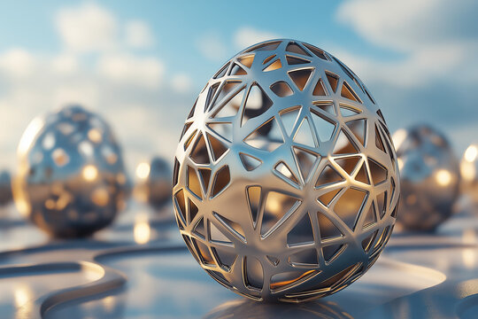 Abstract geometric Easter eggs with metallic reflections, futuristic 3D render