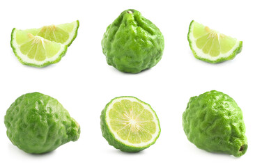 Fototapeta premium Fresh bergamot fruits isolated on white, set. Whole and sliced