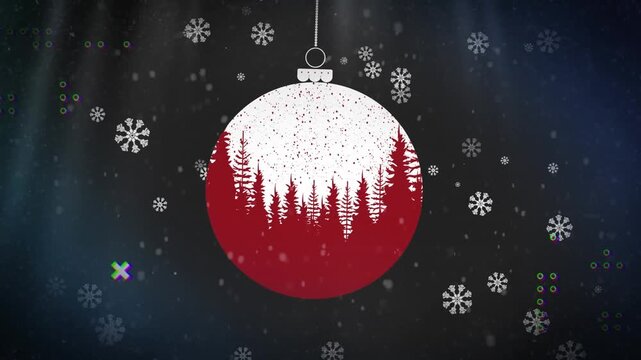 Abstract shapes and snowflakes falling over baubles hanging decoration against blue background