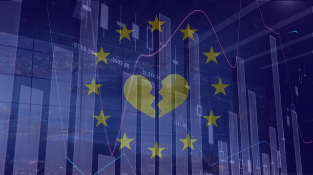 Animation of diverse financial data and graphs over european union flag and heart