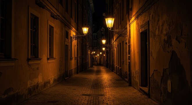 Historic narrow cobblestone alleyway illuminated by warm gaslight fixtures after dark