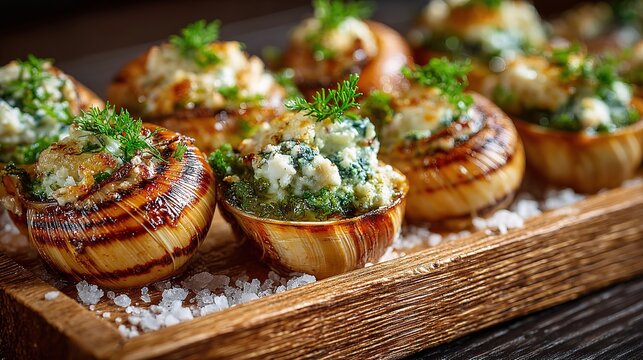 Close-up of edible escargot with savory stuffing arranged on rustic wooden tray nestled in coarse salt crystals