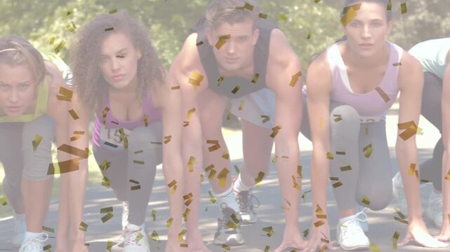 Animation of confetti falling over diverse women and men preparing for run