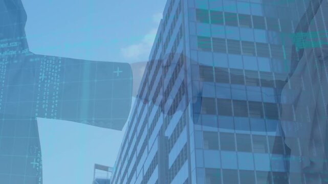 Composite video of mid section of businessman and businesswoman shaking hands against tall building