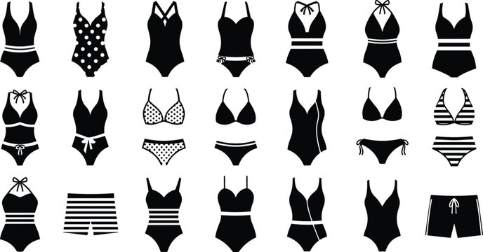 Collection of Women Swimwear Icons Featuring One Piece Swimsuits Bikinis and Summer Beach Fashion Elements Isolated Silhouette Vector Illustrations for Design