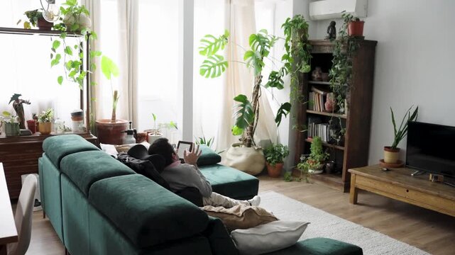 Inclusive living scene with a person having a physical impairment reading on a digital tablet, relaxing comfortably on a cozy sofa at home