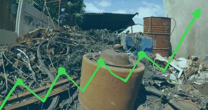 Animation of statistical data processing over aerial view of scrap at junkyard