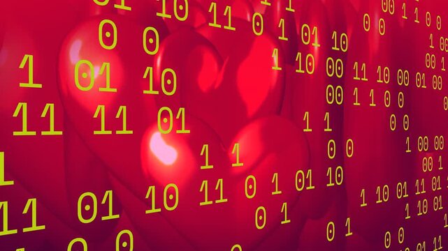 Animation of data processing over red heart model on red background