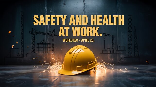 A yellow industrial hard hat sitting on a dark surface marking world safety and health at work day