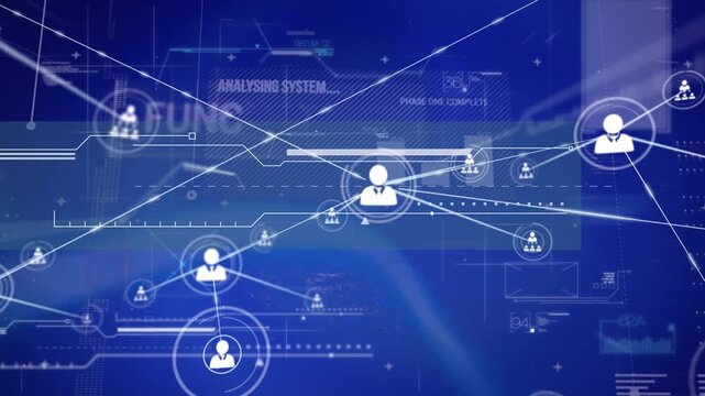 Digitally generated image of people icons connecting with lines over moving graphs and coding