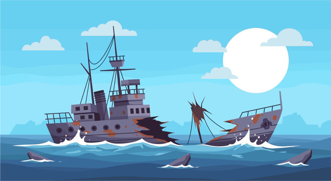 A cartoon illustration of a broken shipwreck in the ocean with sharks swimming around under a bright sun and blue sky.