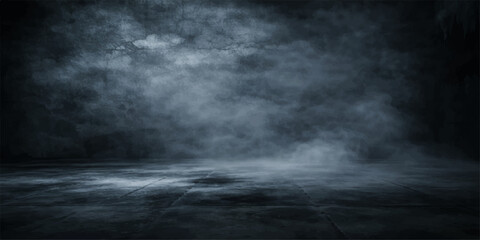 Abstract dark storm clouds drift through a black room with smoky fog and blue moonlight textures over a stormy sea wall © Julya