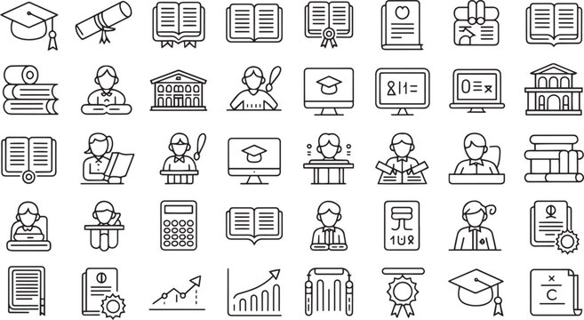 Collection of flat design education and school related icons isolated on transparent background