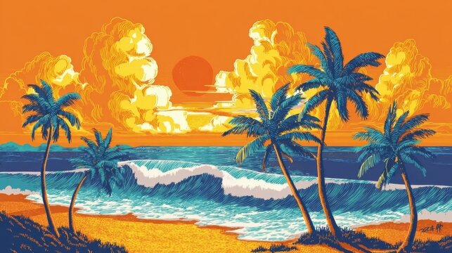 Drawing of a tropical beach with palm trees and waves, summer vacation vibe, great for use in packaging, branding for travel agencies, or as a decorative print.