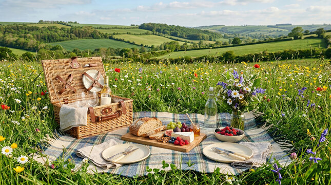 Picnic in un prato fiorito con vista sulle colline. Generative AI 
