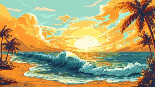 Drawing of a tropical beach with palm trees and waves, summer vacation vibe, great for use in packaging, branding for travel agencies, or as a decorative print.