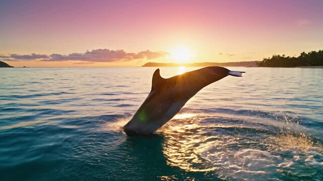 Dolphin leaping from ocean at sunset