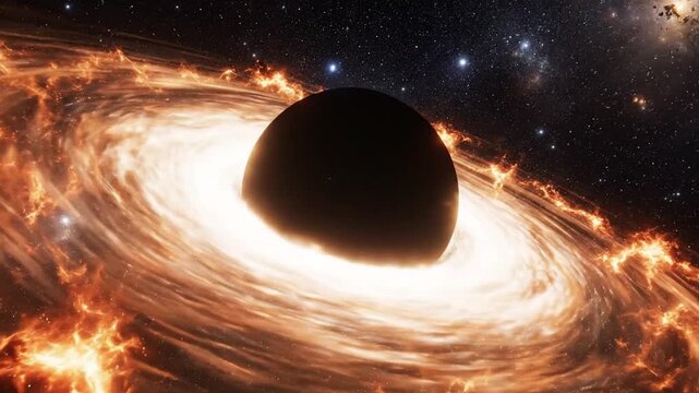 Dramatic depiction of a black hole with accretion disk in outer space