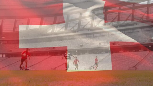 Animation of flag of switzerland over diverse rugby players at stadium