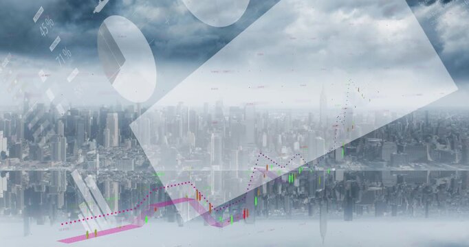 Animation of statistical and financial data processing against aerial view of cityscape