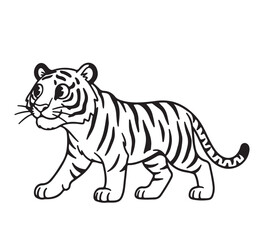 Fototapeta premium Vivid black and white line art illustration of a graceful tiger walking, featuring classic striped markings. Ideal for children's education, coloring pages, and graphic design