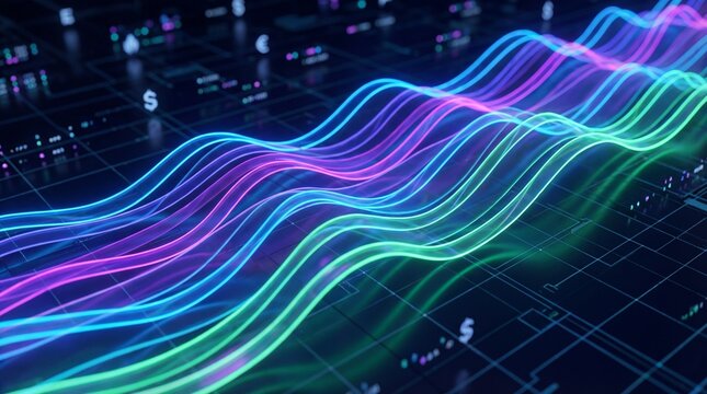 Abstract Data Waves, Digital Finance Network, Futuristic Technology Background