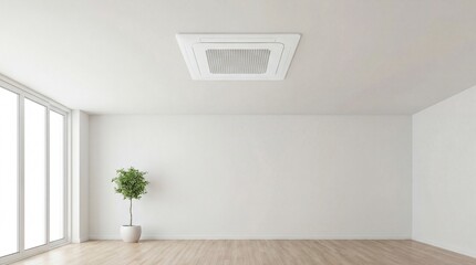 Fototapeta premium Ceiling cassette air conditioning with ventilation parts concept. Minimalist interior design with airy space and green plant.