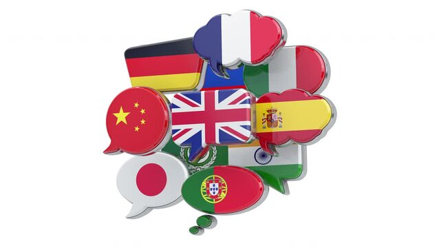 Dictionary, translating and learning languages online. Speech bubbles with various flags.