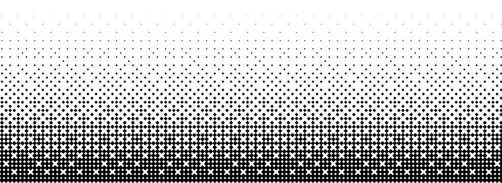 Check halftone texture background. Diamond dot faded gradation wallpaper. Black and white squared pixels. Abstract glitchy 8 bit video game backdrop. Vector comic bitmap dither screen tone overlay