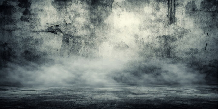 A dark blue sky with stormy clouds creates an abstract grunge background where moon light breaks through the wind and smoke of a night sea rain