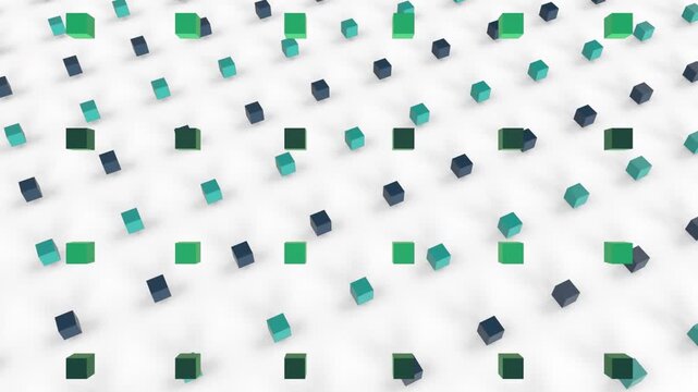 Animation of multicolored three dimensional cubes floating against white background