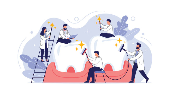 Team of tiny dentists working together to clean, polish, and care for giant healthy teeth, a concept for dental health.