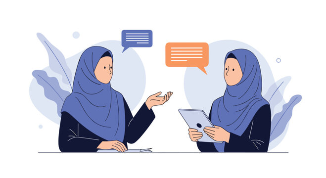 Two muslim women in hijabs having a business meeting or conversation, one talking and the other using a tablet.