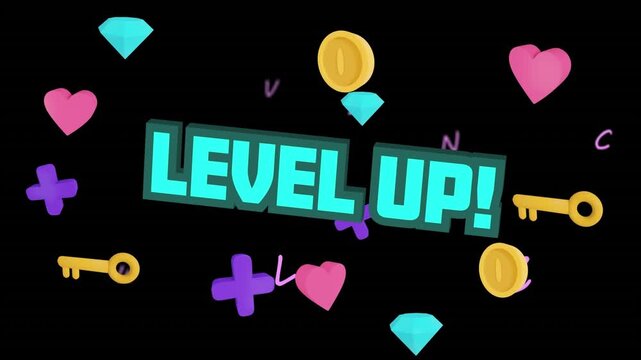 Animation of level up, hearts, diamonds and keys on black background