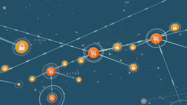 Animation of padlock, shopping cart icons and dots connected with lines, numbers on blue background