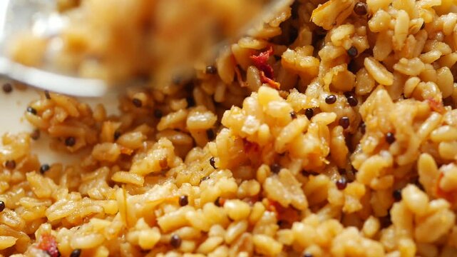 Healthy cooked grains with red peppers and spices being stirred with spoon in macro view.