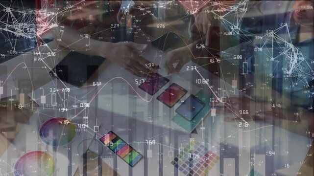 Animation of data processing over mid section of graphic designers discussing over color swatches